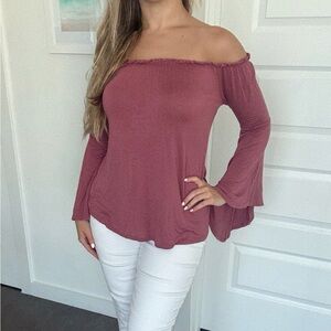 Active USA Off-Shoulder Dusty Rose Long Sleeve Top